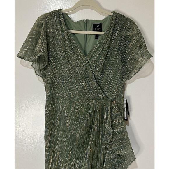 Adrianna Papell Metallic Crinkle Midi Dress Green Slate Size 4 NWT Dressy - Picture 3 of 16